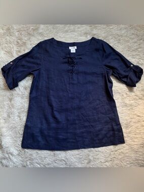 Kate Hill Navy Blue Women’s Lace-Up Neckline Front 100% Linen Blouse Size L